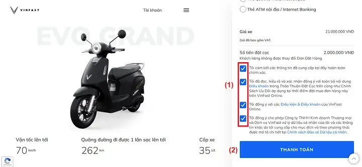 đặt cọc xe vinfast evo grand