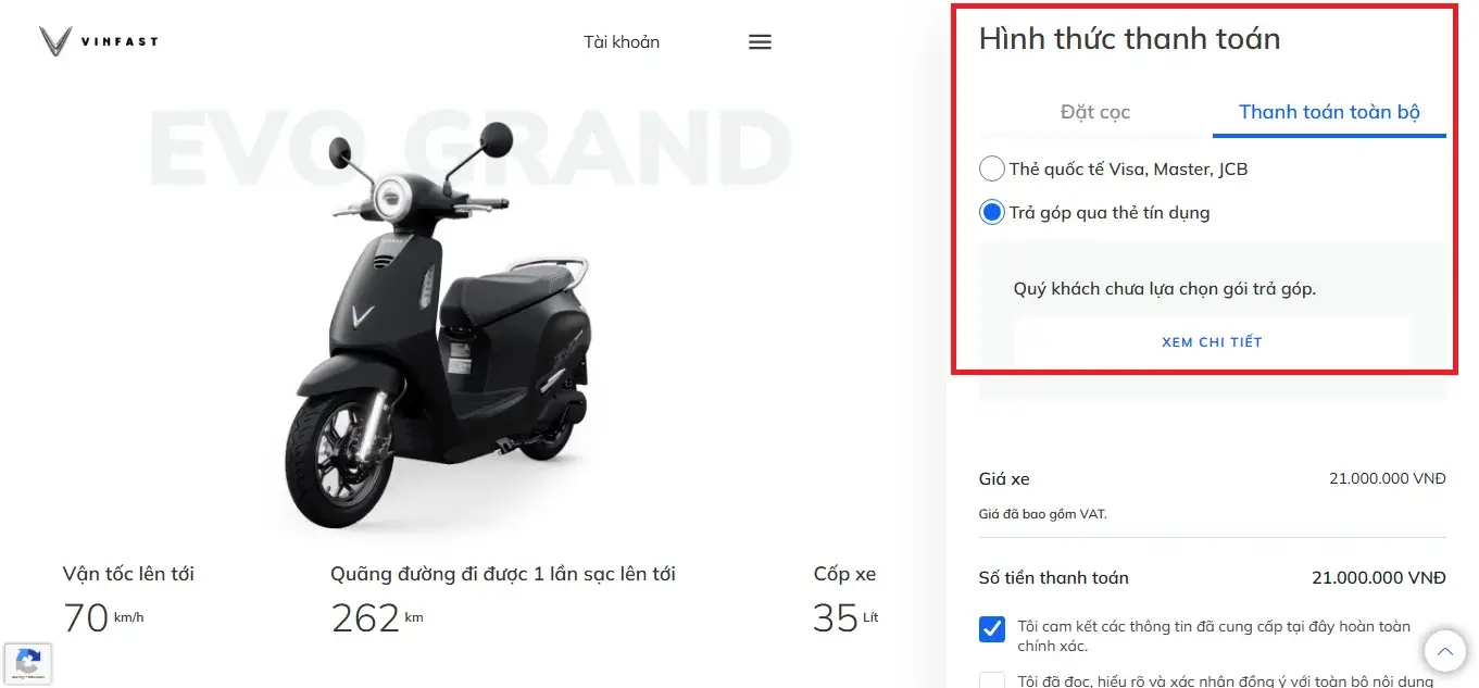 trả góp vinfast evo grand